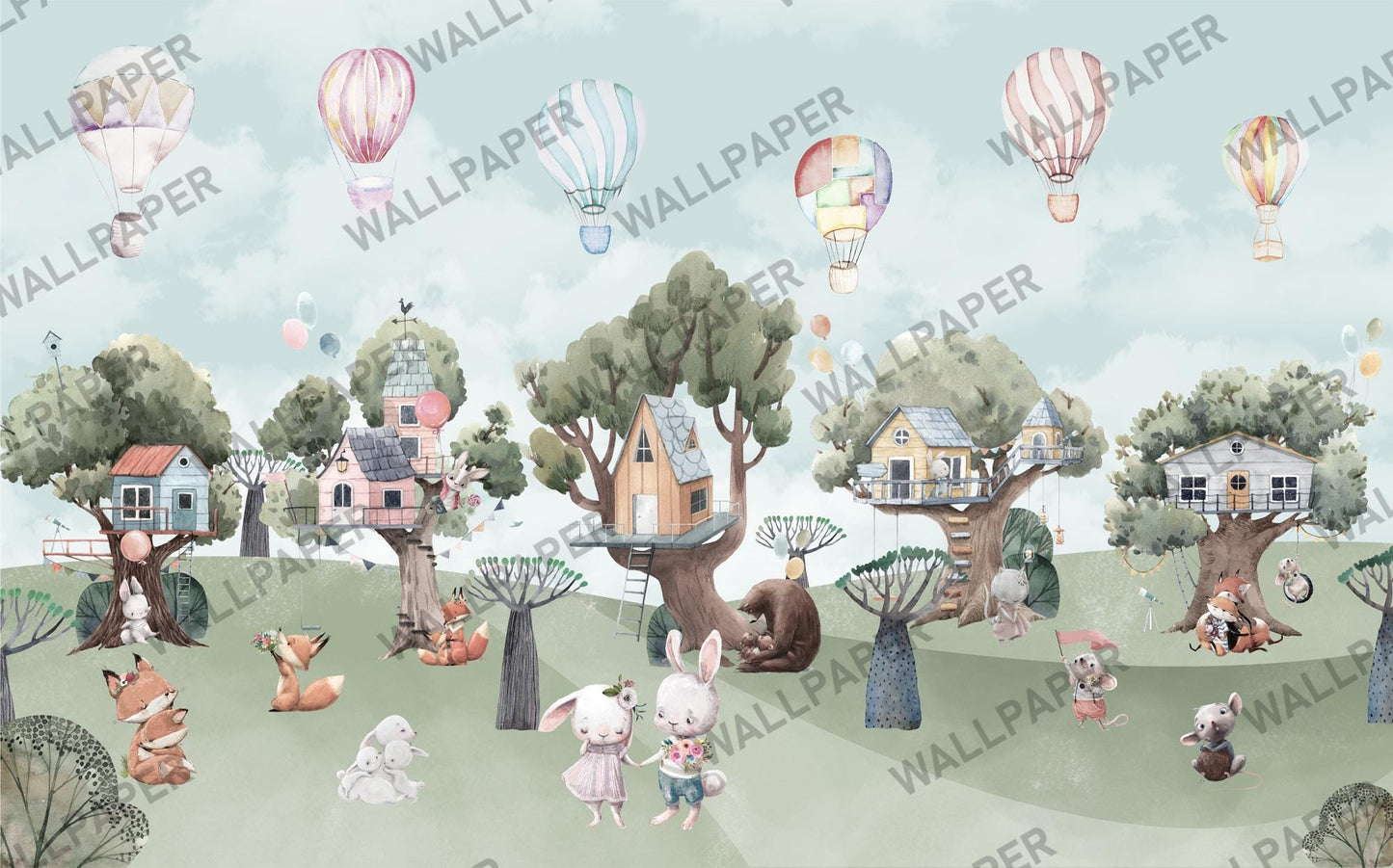 Cute Animals Forest Houses Wallpaper For Kidsroom, Watercolor Wallpaper Nursery, Childrens Wallpaper , Peel and Stick Wallpaper
