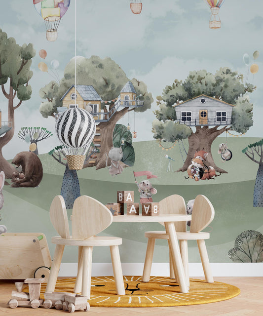 Cute Animals Forest Houses Wallpaper For Kidsroom, Watercolor Wallpaper Nursery, Childrens Wallpaper , Peel and Stick Wallpaper