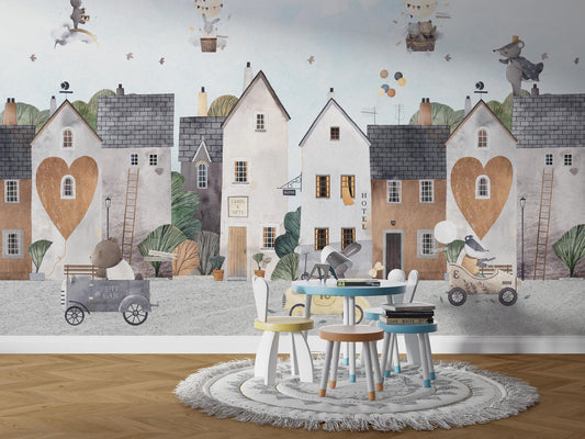 Lovely Town Wallpaper For Kidsroom, Watercolor Wallpaper Nursery, Childrens Wallpaper , Peel and Stick Wallpaper, Kids Room Design
