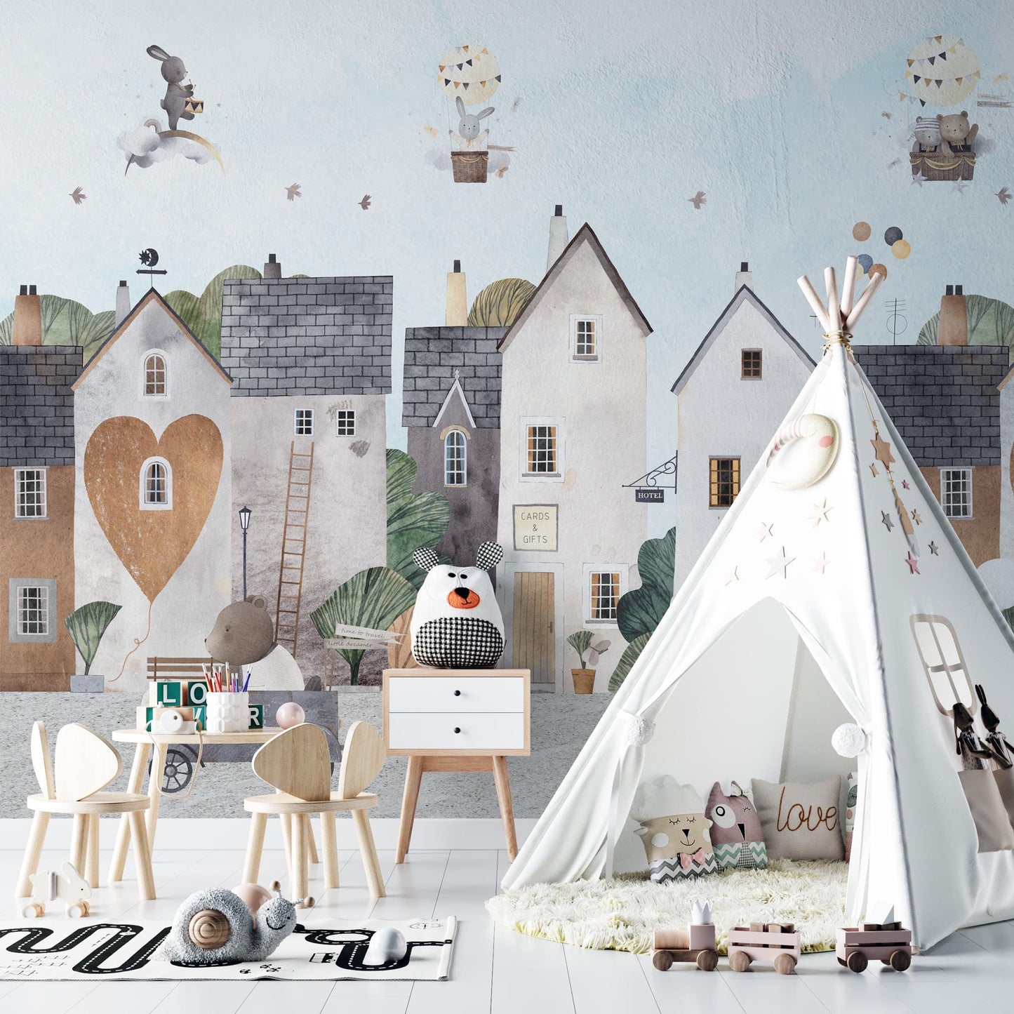 Lovely Town Wallpaper For Kidsroom, Watercolor Wallpaper Nursery, Childrens Wallpaper , Peel and Stick Wallpaper, Kids Room Design