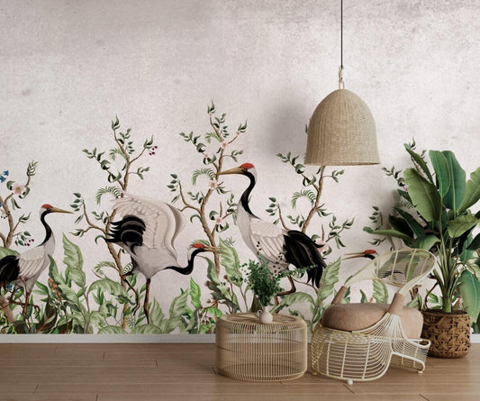 Crane Bird Among The Trees Wallpaper, Bohemian Wallpaper, Nature Mural, Peel and Stick Wallpaper, Stylish Room Design, Tropical Wallpaper