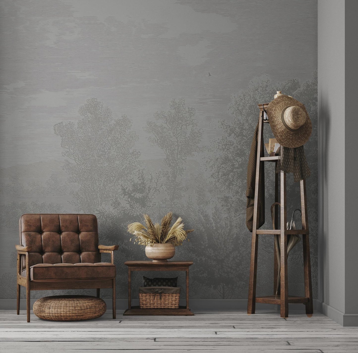 Valley View in Soft Tones Trees Wallpaper, Soft Drawwing Wallpaper, Bohemian Wallpaper, Trees Mural, Peel and Stick Wallpaper, Wall Design