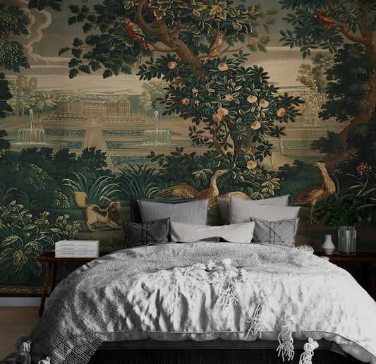 Birds and Rose Tree in Palace Garden Wallpaper, Bohemian Wallpaper, Trees Mural, Peel and Stick Wallpaper, Wall Design, Nostalgic Wallpaper