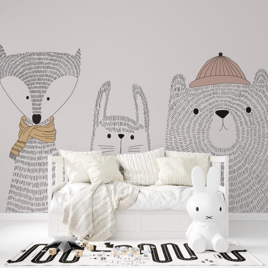 Cute Animals in Linear Gray Tones Wallpaper For Kid'sroom, Wallpaper Nursery, Childrens Wallpaper , Peel and Stick Wallpaper, Baby Wallpaper