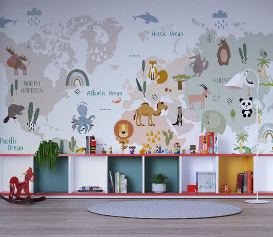 World Map Small Animal friends Wallpaper For Kidsroom, Childrens Wallpaper , Peel and Stick Wall Mural Nursery, Cute Animals, Baby Wallpaper