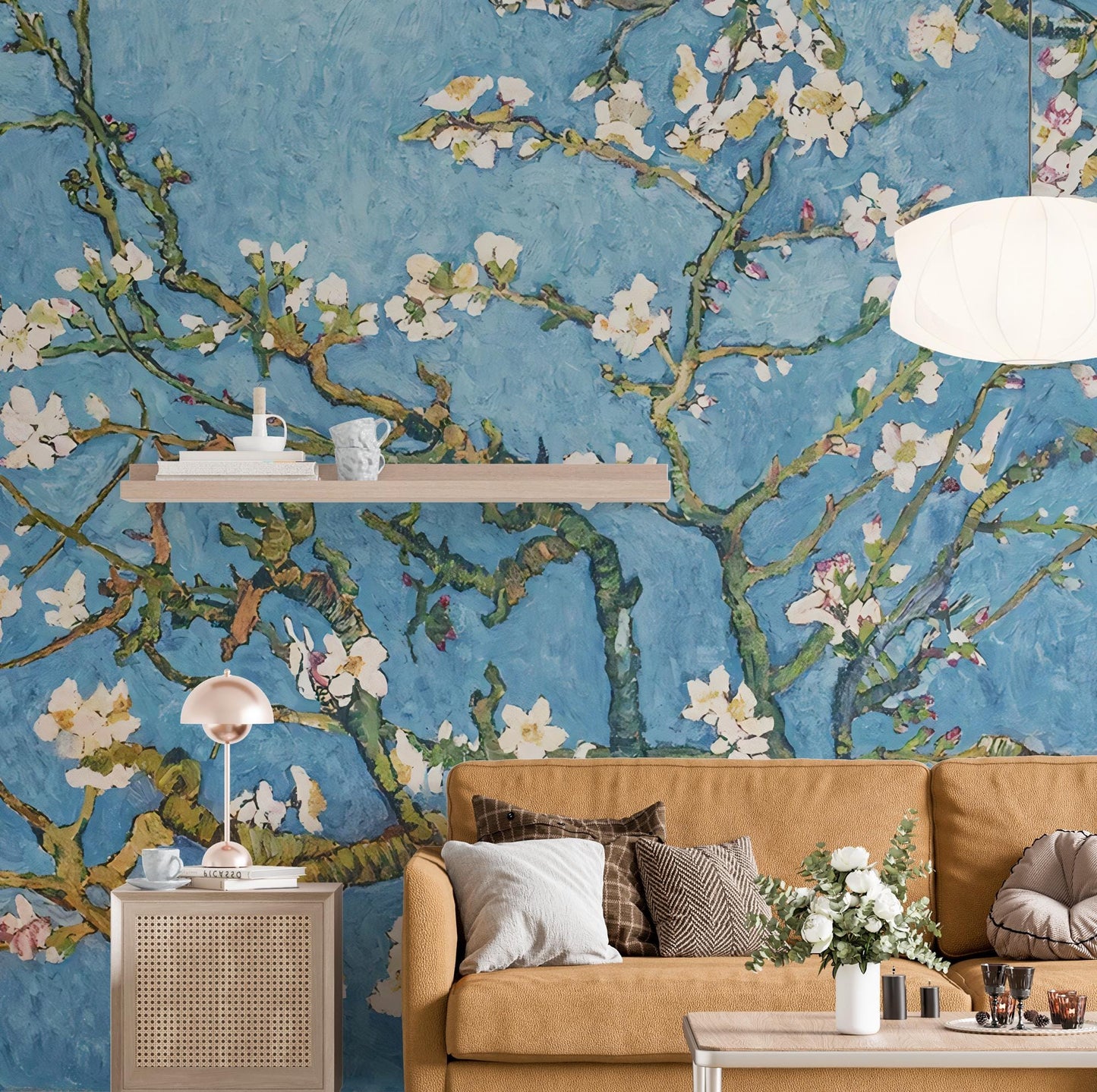 Almond Tree with Spring Flowers Wallpaper, Floral Wallpaper, Romantic Wall Mural, Peel and Stick Wallpaper, illustration Drawing Wallpaper