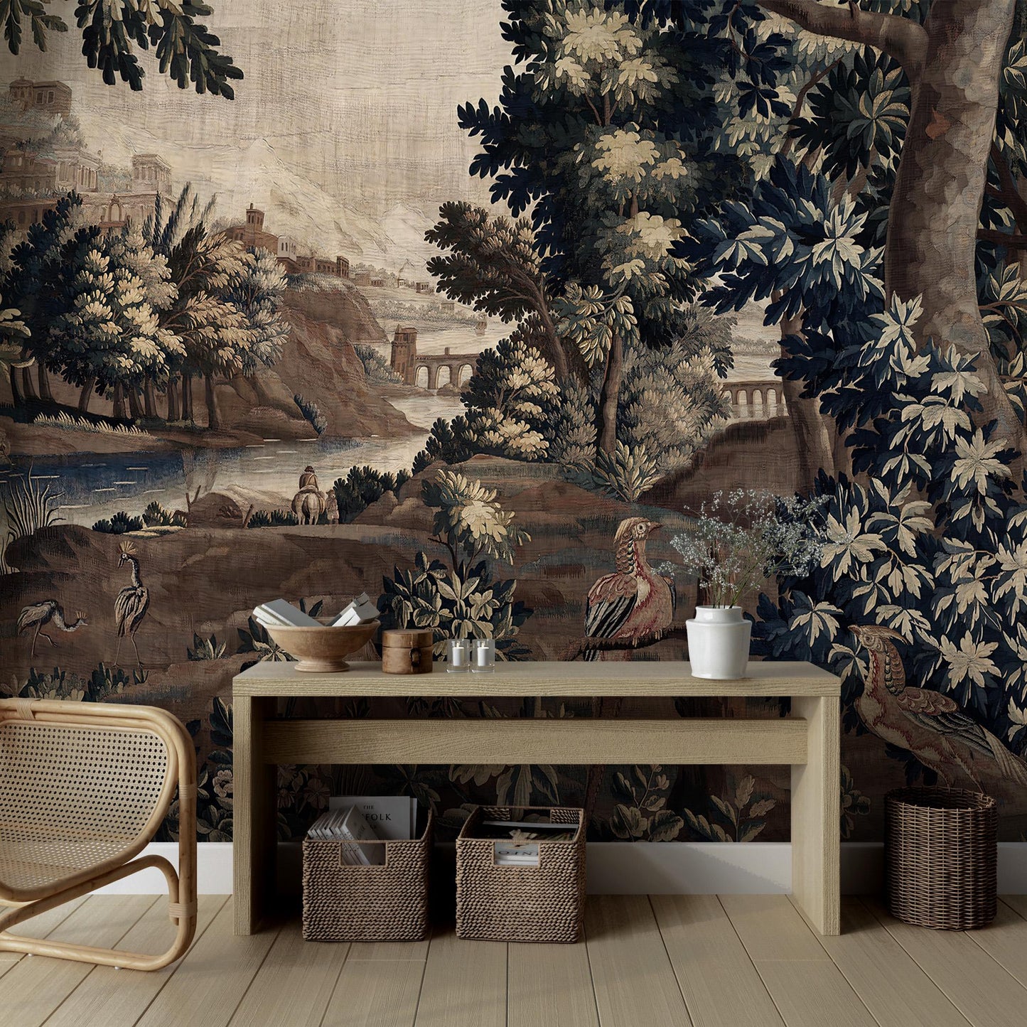 Forest River and Birds Cityscape Wallpaper, Trees Wallpaper, Bohemian Wall Mural, Natural Wall Peel and Stick Wallpaper, Mystic Room Design