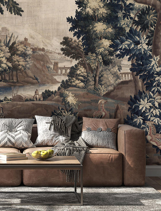 Forest River and Birds Cityscape Wallpaper, Trees Wallpaper, Bohemian Wall Mural, Natural Wall Peel and Stick Wallpaper, Mystic Room Design