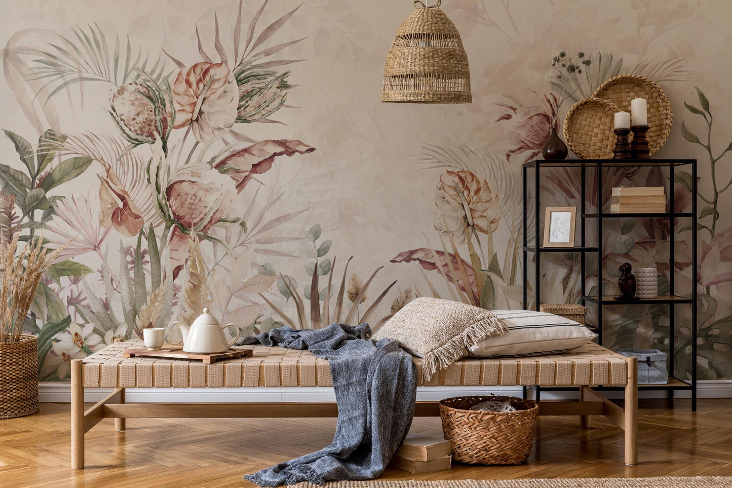Exotic Flowers Wallpaper in Pastel Tones, Floral Wallpaper, Soft Color Romantic Wall Mural, Peel and Stick Wallpaper, Drawing Wallpaper