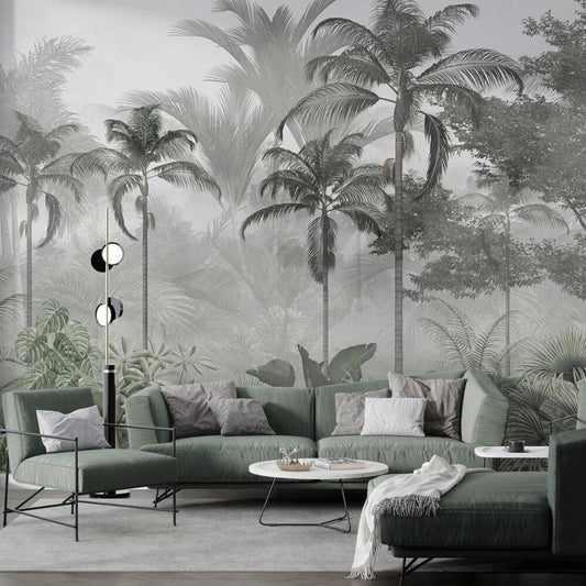 Tropical Forest Wallpaper with Black and White Palm Trees, Cold Green Wallpaper, Peel and Stick Wallpaper, Stylish Room Design, Wall Design