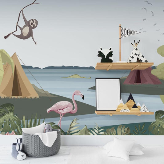 Lakeside Campsite Wallpaper, 3D Children Wallpaper, illustration Wallpaper Nursery, Flamingo Monkey Parrot Wallpaper, Watercolor Kid's Mural
