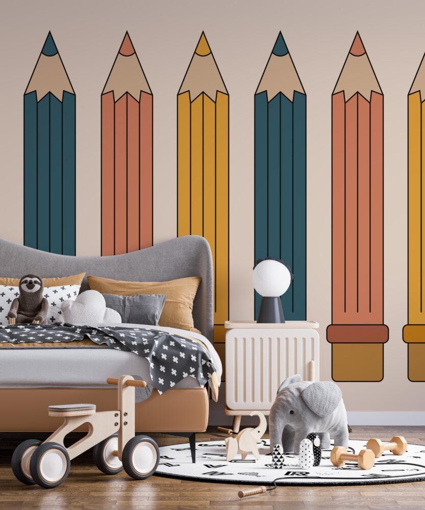 Colored Pencils Wallpaper for Nursery, Child Wallpaper, Pleasant School Wallpaper, Baby Room Wallpaper, Funy Wallpaper for Playgrounds