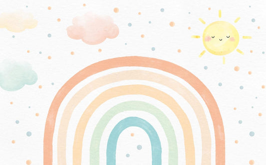 Soft Colorful Sun And Rainbow Kids Wallpaper, Fun Polka Dot Patterned Wallpaper Nursery, Bright Child Wallpaper, Cute Baby Girl Wallpaper