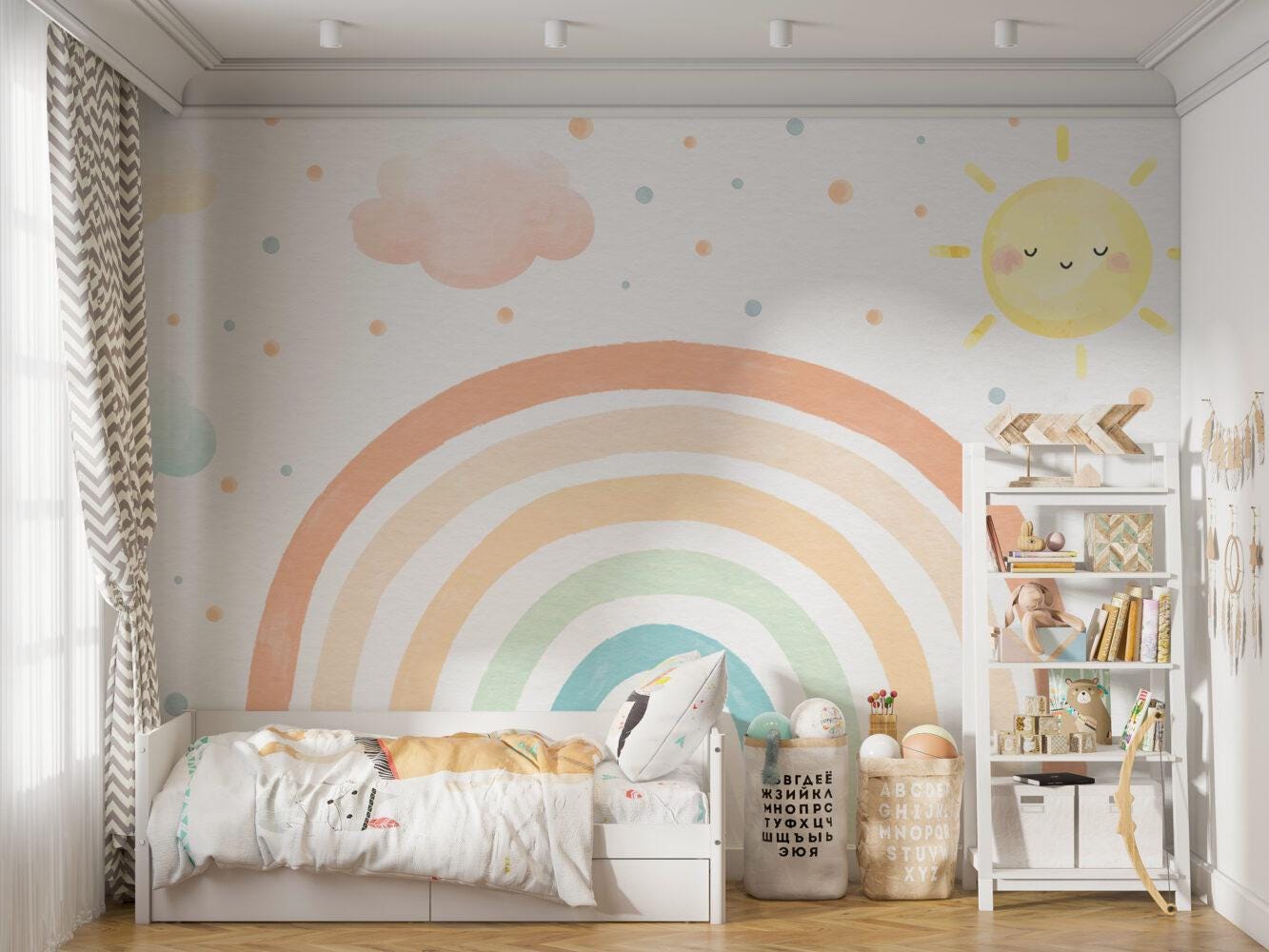 Soft Colorful Sun And Rainbow Kids Wallpaper, Fun Polka Dot Patterned Wallpaper Nursery, Bright Child Wallpaper, Cute Baby Girl Wallpaper