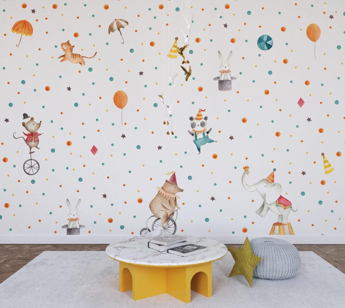 Circus Animals Patterned Wallpaper For Kidsroom, Cute Party Animals Wallpaper Nursery, Childrens Wallpaper, Peel and Stick Baby Wallpaper