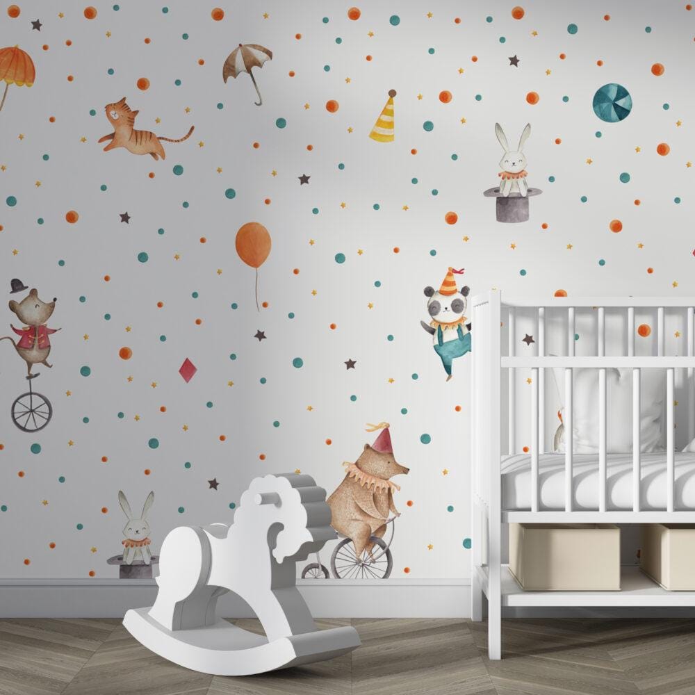 Circus Animals Patterned Wallpaper For Kidsroom, Cute Party Animals Wallpaper Nursery, Childrens Wallpaper, Peel and Stick Baby Wallpaper