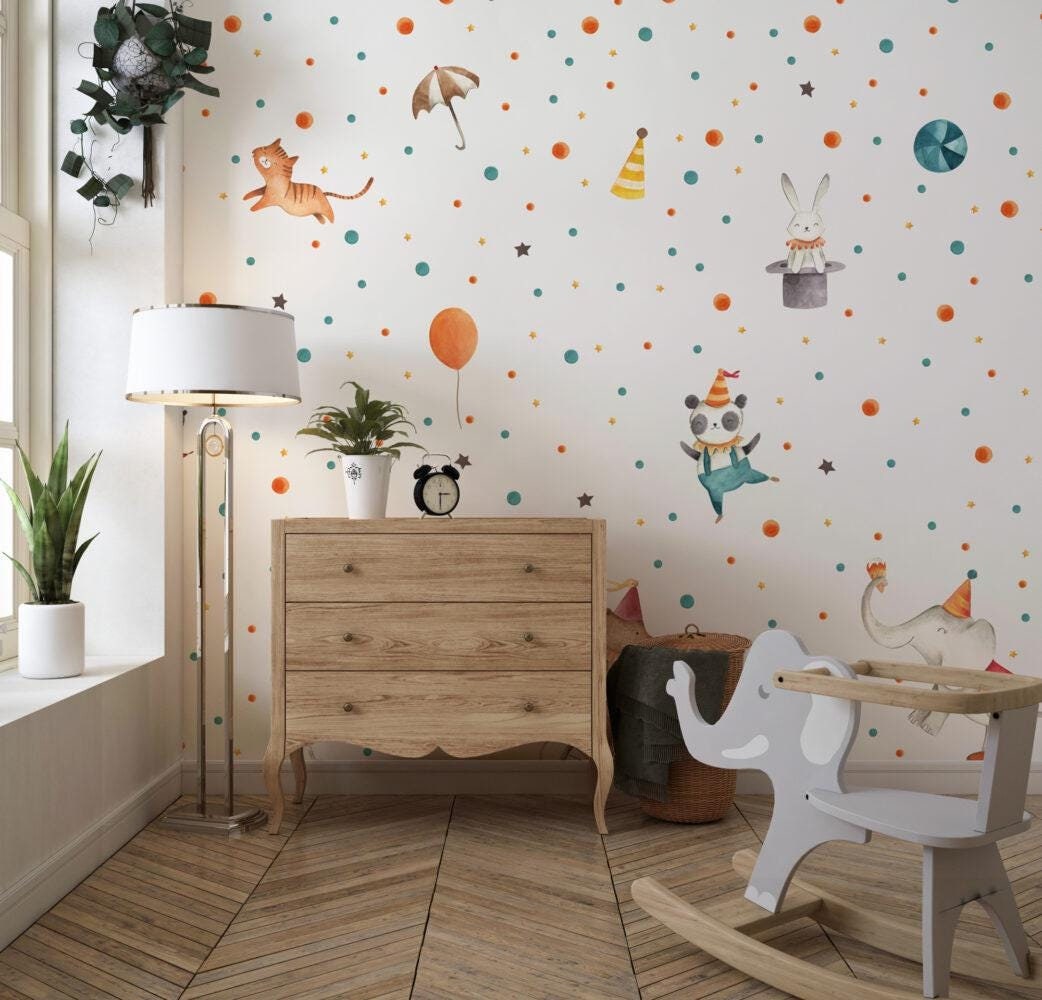 Circus Animals Patterned Wallpaper For Kidsroom, Cute Party Animals Wallpaper Nursery, Childrens Wallpaper, Peel and Stick Baby Wallpaper