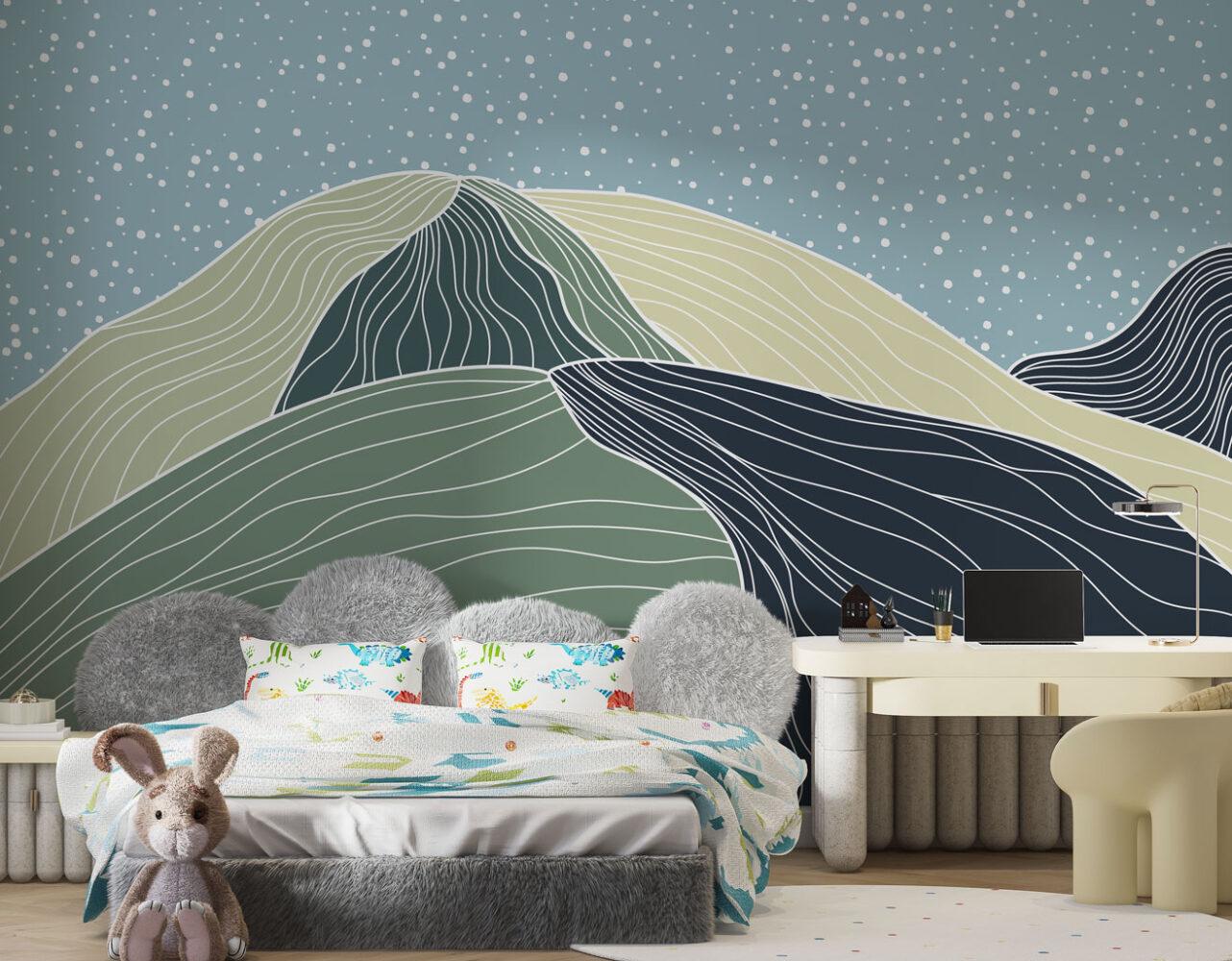 Soft Linear Mountain Landscape Wallpaper, 3D Children Wallpaper, Green Nature Themed illustration Wallpaper Nursery, Watercolor Kid's Mural