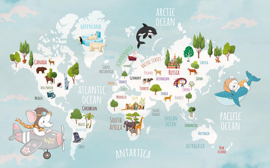 3D Wallpaper with Children's Map with Animals on Turquoise Background, Children Wallpaper , Peel and Stick Wallpaper Nursery, Baby Wallpaper