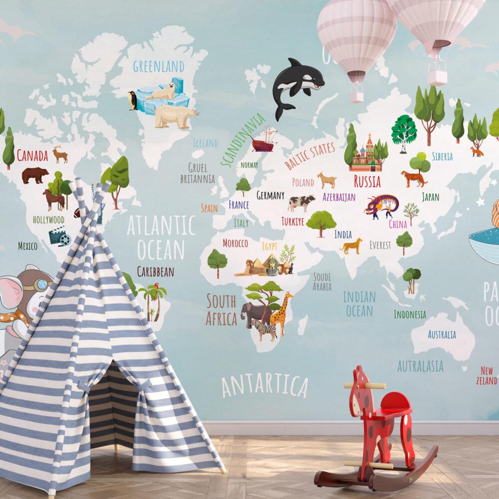 3D Wallpaper with Children's Map with Animals on Turquoise Background, Children Wallpaper , Peel and Stick Wallpaper Nursery, Baby Wallpaper