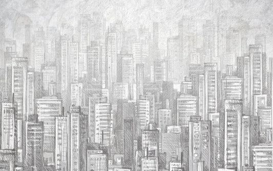 3D Pencil Drawing Wallpaper with High Building View, Black and White Peel and Stick Wallpaper, Stylish Room Design, Abstract Wallpaper