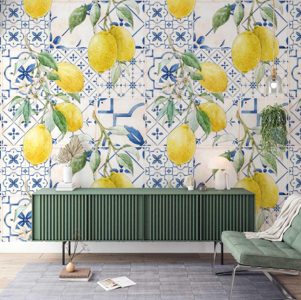 Tile and Lemon Flowers Wallpaper, Floral Wallpaper, Romantic Wall Mural, Peel and Stick Orchard Wallpaper, illustration Drawing Wallpaper