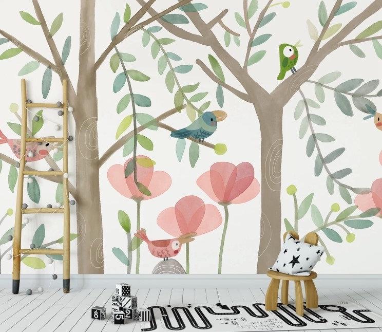 Birds And Trees Wallpaper, illustration Wallpaper Nursery, Peel and Stick Wallpaper, Watercolor Child Wallpaper, Colorful Wallpaper for Kids