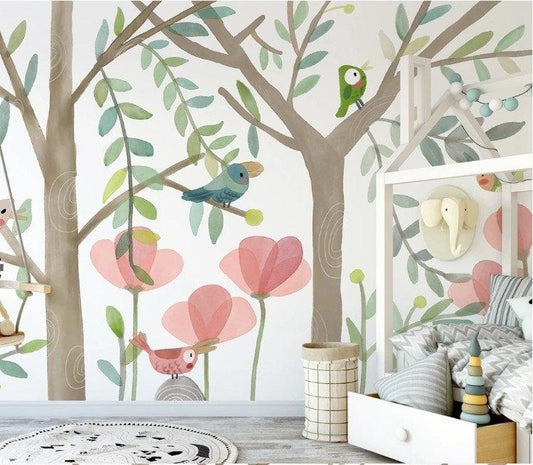 Birds And Trees Wallpaper, illustration Wallpaper Nursery, Peel and Stick Wallpaper, Watercolor Child Wallpaper, Colorful Wallpaper for Kids