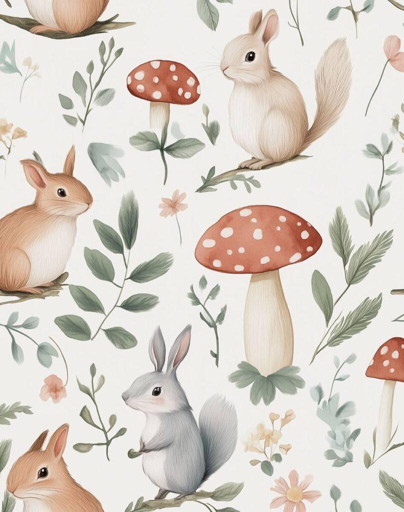 Forest Tale Wallpaper, Mushrooms and Rabbits in the Forest Wallpaper For Kidsroom, Wallpaper Nursery, Nature Wallpaper, Baby Girl Wallpaper