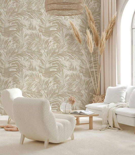 Subtle and Elegant Palm Leaf Wallpaper, Beige Wallpaper, Peel and Stick Wallpaper, Stylish Room Design, Cool Wall Design, Bright Wall Mural