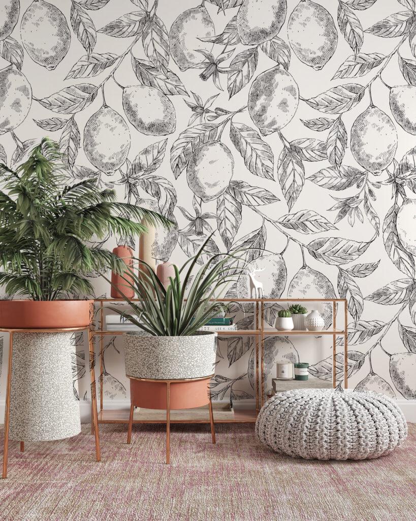 Lemon Citrus Realistic Leaves Wallpaper, Floral Wallpaper, Romantic Wallpaper, Black-White Orchard Mural, illustration Drawing Wallpaper