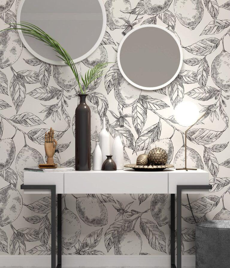 Lemon Citrus Realistic Leaves Wallpaper, Floral Wallpaper, Romantic Wallpaper, Black-White Orchard Mural, illustration Drawing Wallpaper