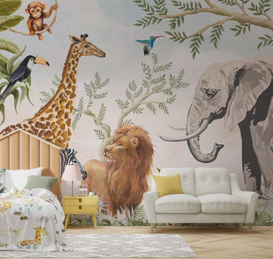 Animal Kingdom Wallpaper For Kidsroom, Childrens Wallpaper , Peel and Stick Wall Mural Nursery, Wide Animals Wallpaper, Jungle Wallpaper