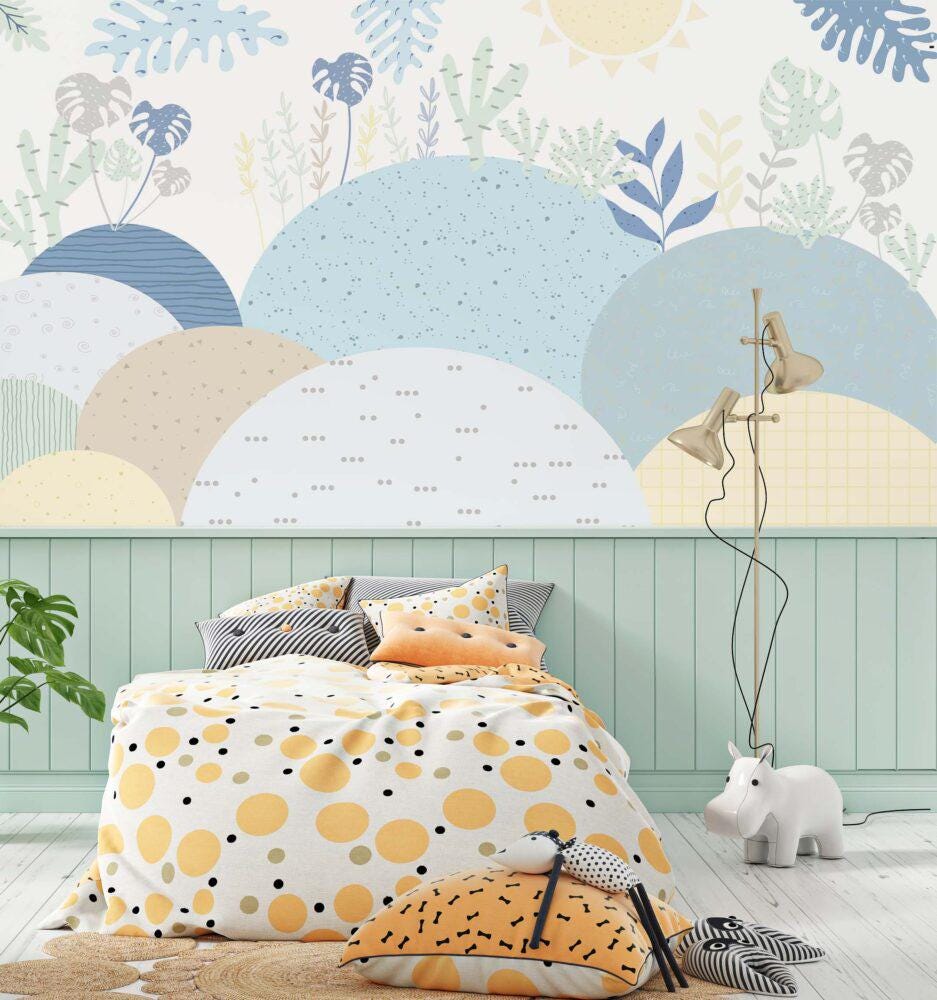 Blue Abstract Mountains and Leaves Wallpaper For Kidsroom, Wallpaper Nursery, Child Wallpaper, Peel and Stick Wallpaper, Blue Wallpaper