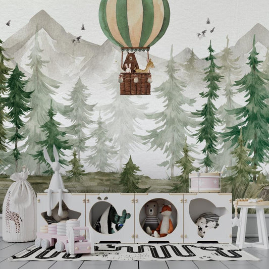 Animals in Balloons in the Forest with Watercolor Effect Wallpaper For Kidsroom, Trees Wallpaper Nursery , Baby Peel and Stick Wall Mural