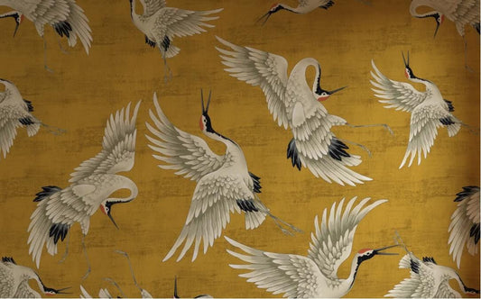 Stork Motif Wallpaper, Bohemian Wallpaper, Nature Mural, Peel and Stick Wallpaper, Stylish Room Design, Tropical Wallpaper, Yellow Wallpaper