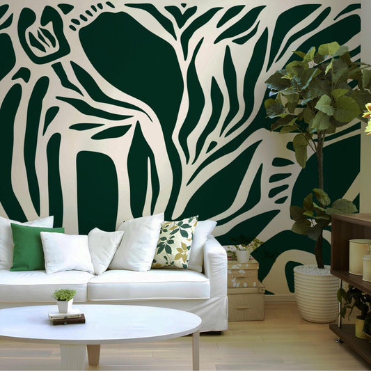 Abstract Shapes Wallpaper in Green Tone , Dynamic Color's and Shaped Wallpaper, Special Design Asymmetrical patterned Bathroom Wallpaper