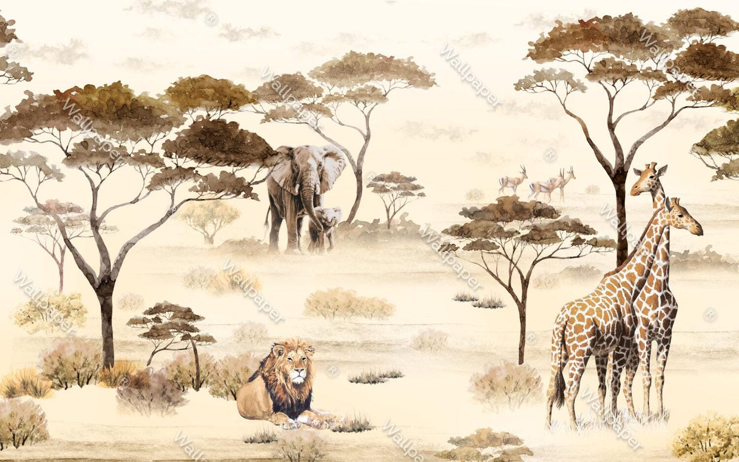 Safari Animals Wallpaper in Africa, Exotic Jungle Wallpaper, Brown Wall Mural, Peel and Stick Wallpaper, Safari Drawing Wallpaper