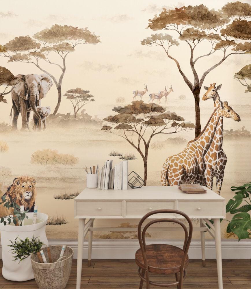 Safari Animals Wallpaper in Africa, Exotic Jungle Wallpaper, Brown Wall Mural, Peel and Stick Wallpaper, Safari Drawing Wallpaper