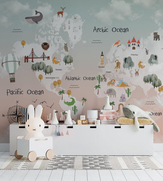 Sky Patterned Children's Map with Animals Wallpaper For Kidsroom, Children Wallpaper , Peel and Stick Wallpaper Nursery, Baby Mural