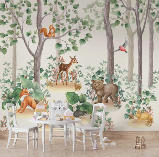 Cute Forest Animals and Bambi Wallpaper For Kidsroom, Trees Wallpaper Nursery , Nature Childrens Wallpaper , Peel and Stick Wallpaper