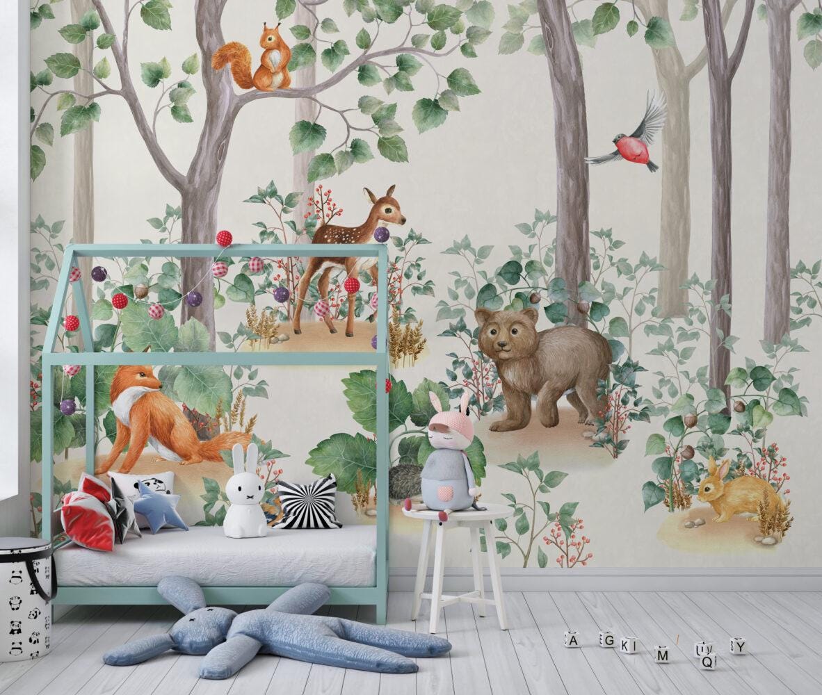 Cute Forest Animals and Bambi Wallpaper For Kidsroom, Trees Wallpaper Nursery , Nature Childrens Wallpaper , Peel and Stick Wallpaper