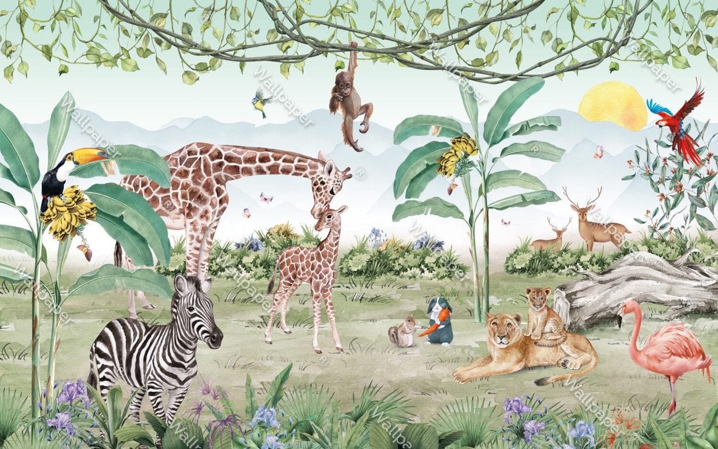Double Animals in Tropical Forest Wallpaper For Kidsroom, Child Wallpaper , Peel and Stick Wallpaper, Animals Wallpaper, Jungle Wallpaper