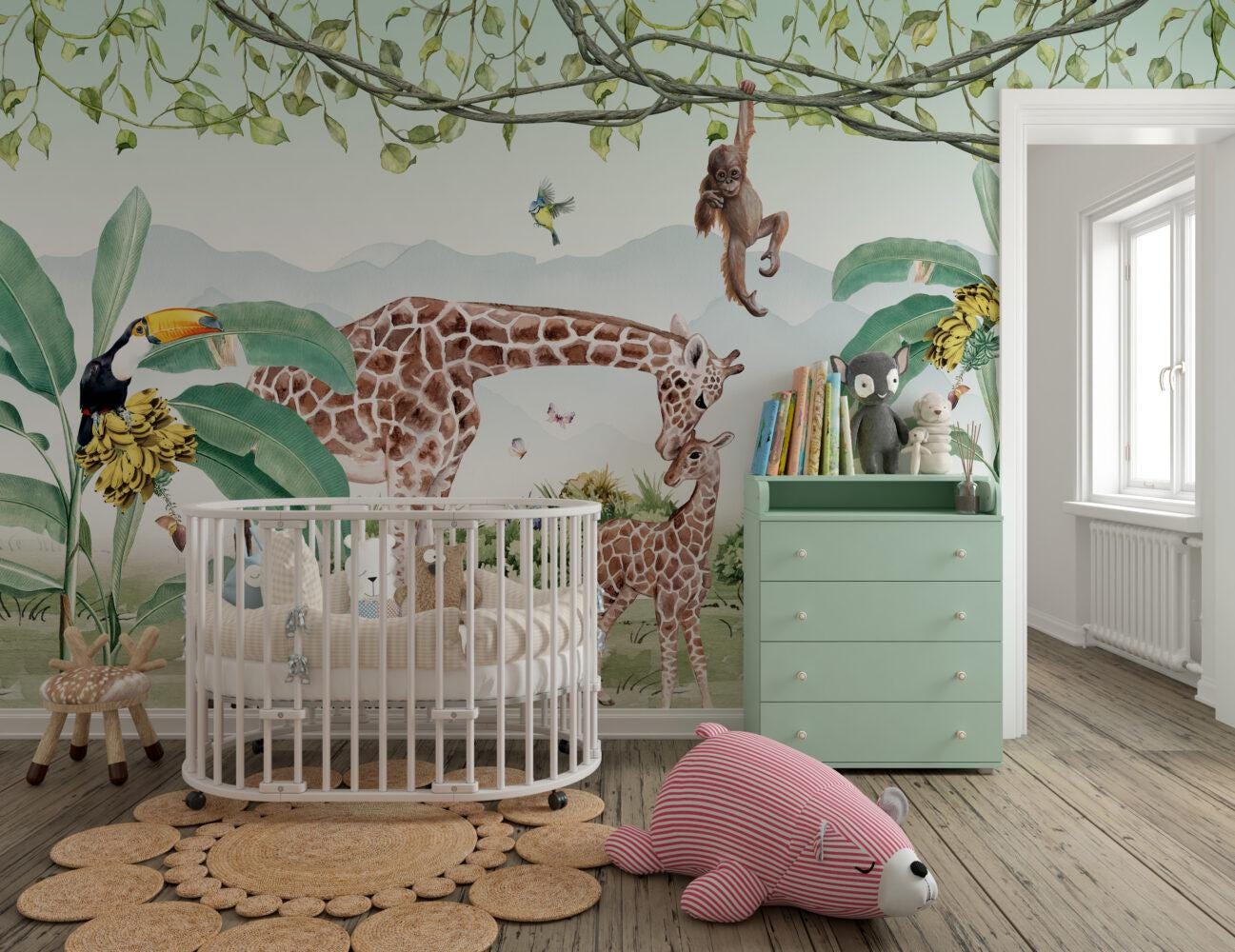 Double Animals in Tropical Forest Wallpaper For Kidsroom, Child Wallpaper , Peel and Stick Wallpaper, Animals Wallpaper, Jungle Wallpaper