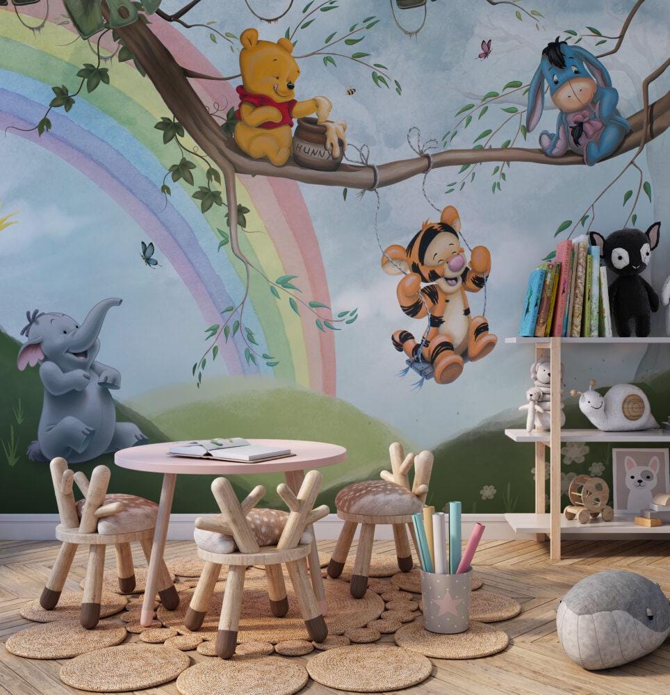 Winnie The Pooh Honey Thief Wallpaper For Kidsroom, Wallpaper Nursery , Nature Child Wallpaper , Animal Wallpaper, Peel and Stick Wallpaper