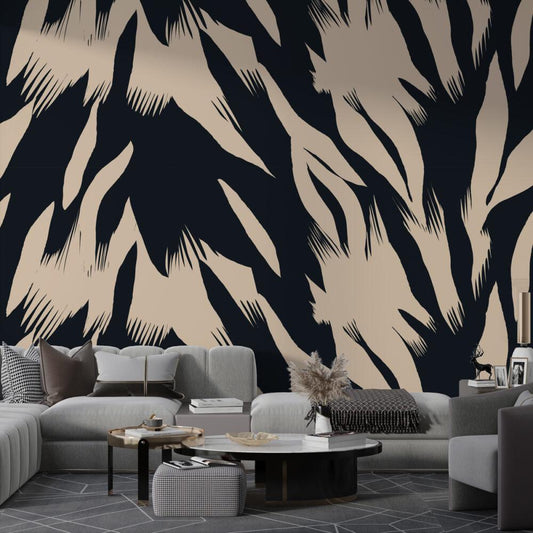 Black Beige Abstract Brush Pattern Wallpaper, Peel and Stick Wallpaper, Stylish Room Design, Black Wallpaper, Modern Artistic Wallpaper