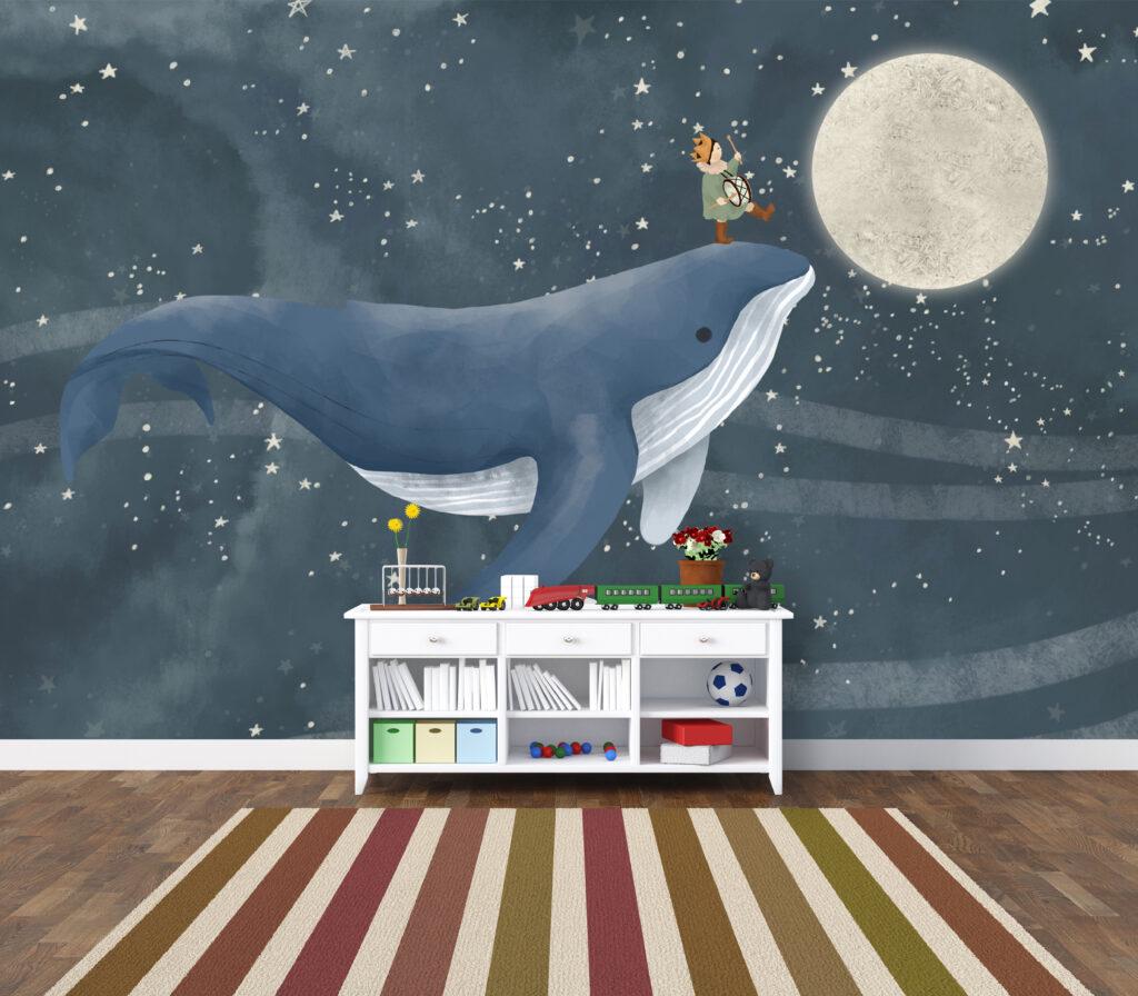 Child on Whale Patterned 3D Wallpaper, Underwater Wallpaper For Kidsroom, Sea Wallpaper Nursery, Blue Peel and Stick Childrens Wallpaper