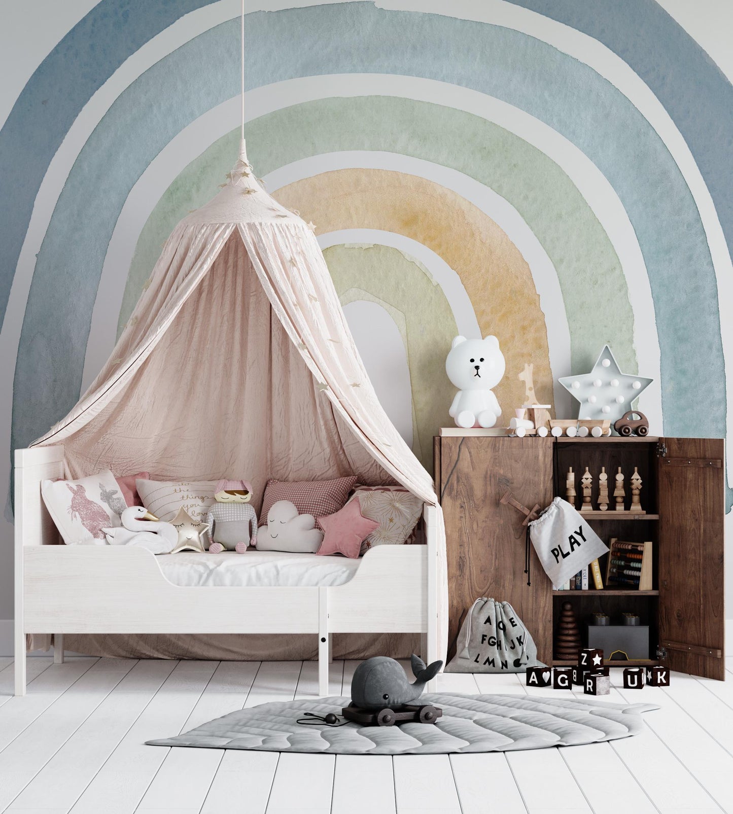 Rainbow Wallpaper in Shades of Blue, Wallpaper Nursery in Soft Color, Child Wallpaper, Peel and Stick Kids Wallpaper, Baby Boy Wallpaper