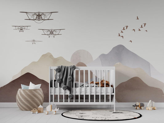 Airplane Squadron Wallpaper in Boho Colors For Kidsroom, Illustration Wallpaper Nursery, Art Child Wallpaper, Peel and Stick Baby Wallpaper