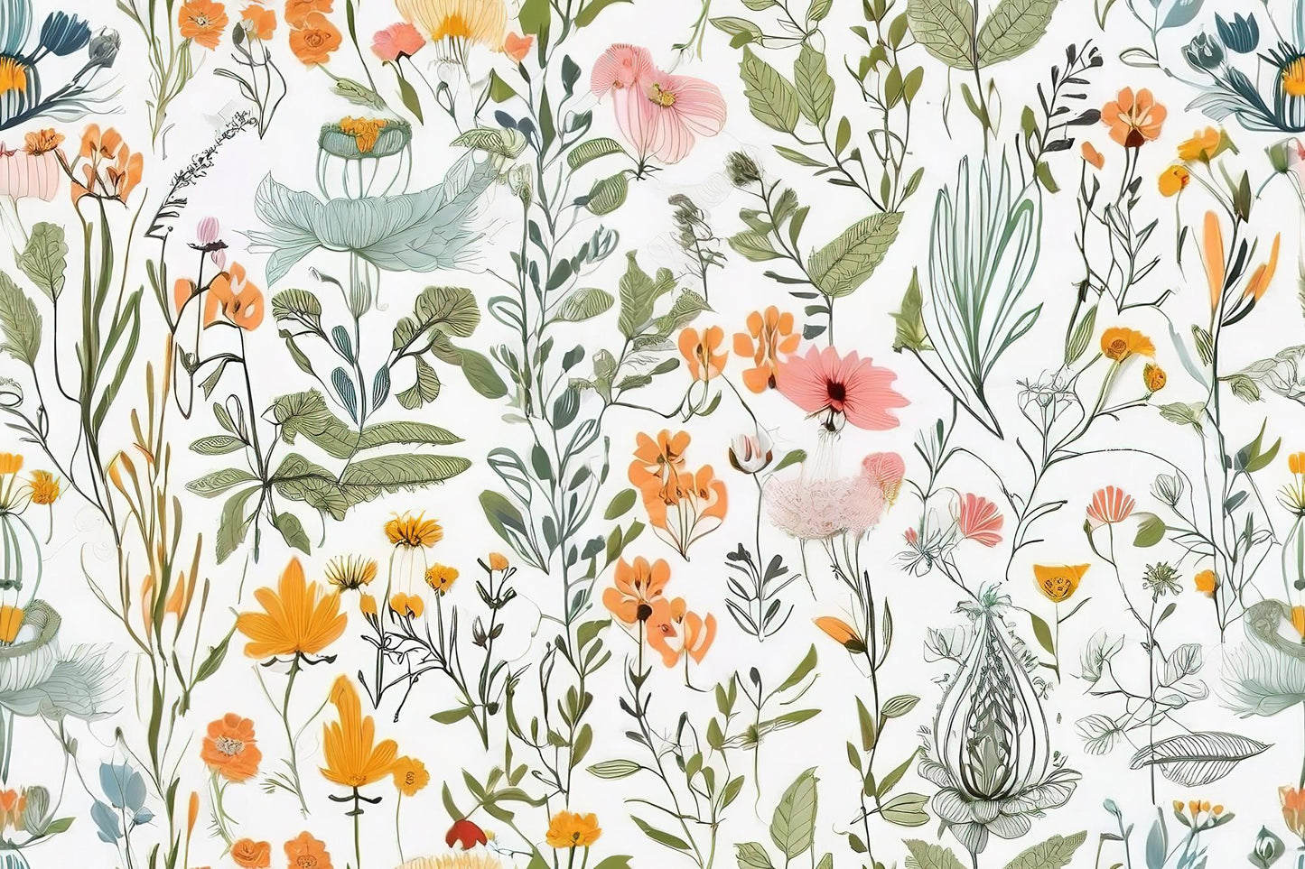 Wild Flowers and Leaves Wallpaper, Floral Wallpaper, Colourful Romantic Mural, Peel and Stick Wallpaper, Spring Themed Drawing Wallpaper